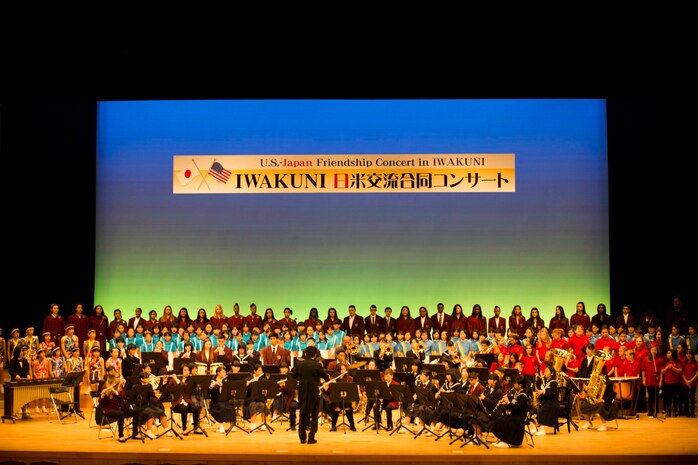 Matthew C. Perry Elementary and High school students perform with Japanese students from Yamaguchi and Hiroshima Prefecture during the finale of the 7th annual U.S.-Japan Friendship Concert at the Sinfonia Iwakuni Concert Hall in Iwakuni City, Japan, Feb. 24, 2017. The concert is a way for the student performers to experience different cultures and communicate with each other through music despite the language barrier. (U.S. Marine Corps photo by Lance Cpl. Gabriela Garcia-Herrera)
