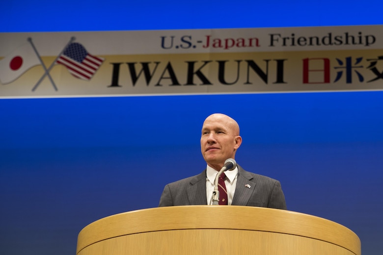 U.S. Marine Corps Col. Richard F. Fuerst gives a speech before the start of the 7th annual U.S.-Japan Friendship Concert at the Sinfonia Iwakuni Concert Hall in Iwakuni City, Japan, Feb. 24, 2017. The concert is a way for the student performers to experience different cultures and communicate with each other through music despite the language barrier. (U.S. Marine Corps photo by Lance Cpl. Carlos Jimenez)