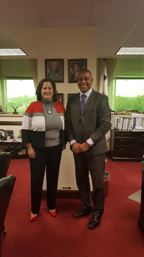 The Honorable Katherine G. Hammack poses with Engineer Research and Development Center’s Fulton C. Carson.  Carson served the Office of the Assistant Secretary of the Army (Installations, Energy & Environment) as the ERDC liaison officer.