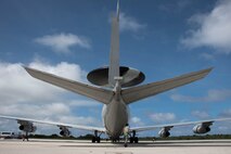 A U.S. Air Force Airman from the 962nd Aircraft Maintenance Unit inspects an E-3 Sentry from the 961st Airborne Air Control Squadron during annual exercise Cope North Feb. 23, 2017, at Andersen Air Force Base, Guam. The 961st’s AWACS provide command and control for the Pacific Theater, management of theater forces, and early warning of enemy actions during joint, allied, and coalition operations. (U.S. Air Force photo by Senior Airman John Linzmeier)