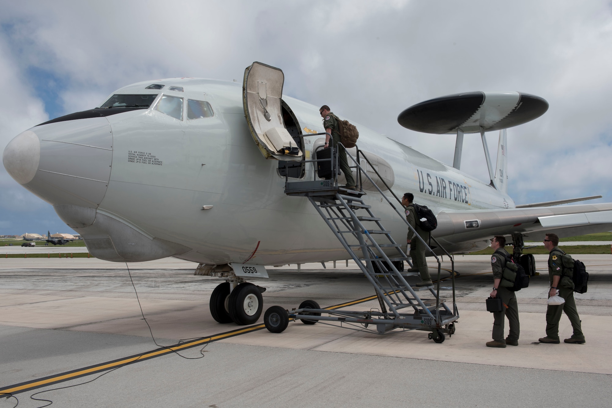 Aircrew from the 961st Airborne Air Control Squadron board an E-3 Sentry during annual exercise Cope North Feb. 23, 2017, at Andersen Air Force Base, Guam. Cope North is an annual exercise which serves as a keystone event to promote stability and security throughout the Indo-Asia-Pacific region by enabling regional forces to hone vital readiness skills. (U.S. Air Force photo by Senior Airman John Linzmeier)