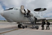 Aircrew from the 961st Airborne Air Control Squadron board an E-3 Sentry during annual exercise Cope North Feb. 23, 2017, at Andersen Air Force Base, Guam. Cope North is an annual exercise which serves as a keystone event to promote stability and security throughout the Indo-Asia-Pacific region by enabling regional forces to hone vital readiness skills. (U.S. Air Force photo by Senior Airman John Linzmeier)