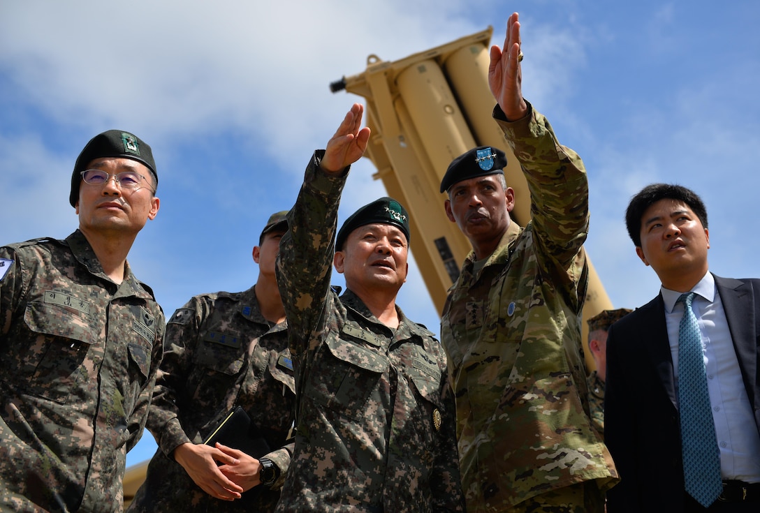 South Korean Chairman of the Joint Chiefs of Staff Gen. Sun Jin Lee visits the site of Guam's Terminal High Altitude Area Defense missile defense system with U.S. Army Gen. Vincent K. Brooks, commander of the combined U.S. forces in South Korea, Nov. 1, 2016. South Korea will soon complete a land transfer critical to the placement of a THAAD system about 135 miles southeast of Seoul. Air Force photo by Staff Sgt. Alexander W. Riedel