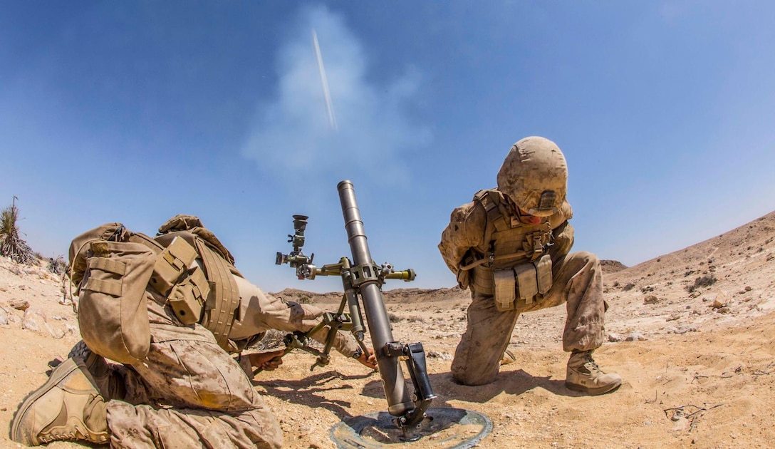 U.S. Marines with Weapons Company, Battalion Landing Team 1st Bn., 4th Marines, 11th Marine Expeditionary Unit, fire  an M224 60mm mortar system during a live-fire range as part of Exercise Sea Soldier, Feb. 21. Sea Soldier 2017 is an annual, bilateral exercise conducted with the Royal Army of Oman designed to demonstrate the cooperative skill and will of U.S. and partner nations to work together in maintaining regional stability and security. The 11th MEU is deployed in the U.S. 5th Fleet area of operations in support of maritime security operations designed to reassure allies and partners, preserve the freedom of navigation and the free flow of commerce and enhance regional stability.