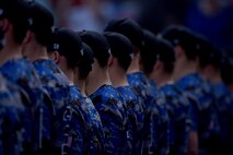 The U.S. Air Force Academy Falcons stand in formation during the presentation of the colors during the Freedom Classic baseball series, Feb. 25, 2017 at Grainger Stadium in Kinston, North Carolina. The Falcons scored seven hits in the championship game, and rallied a 3-2 win in 10 innings. (U.S. Air Force photo by Airman 1st Class Victoria Boyton)