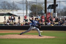 Nick Biancalana, U.S. Air Force Academy pitcher, throws a pitch during a Freedom Classic baseball series game, Feb. 25, 2017, at Grainger Stadium in Kinston, North Carolina. Biancalana pitched for more than two innings, striking out three U.S. Naval Academy players. (U.S. Air Force photo by Airman Miranda A. Loera)