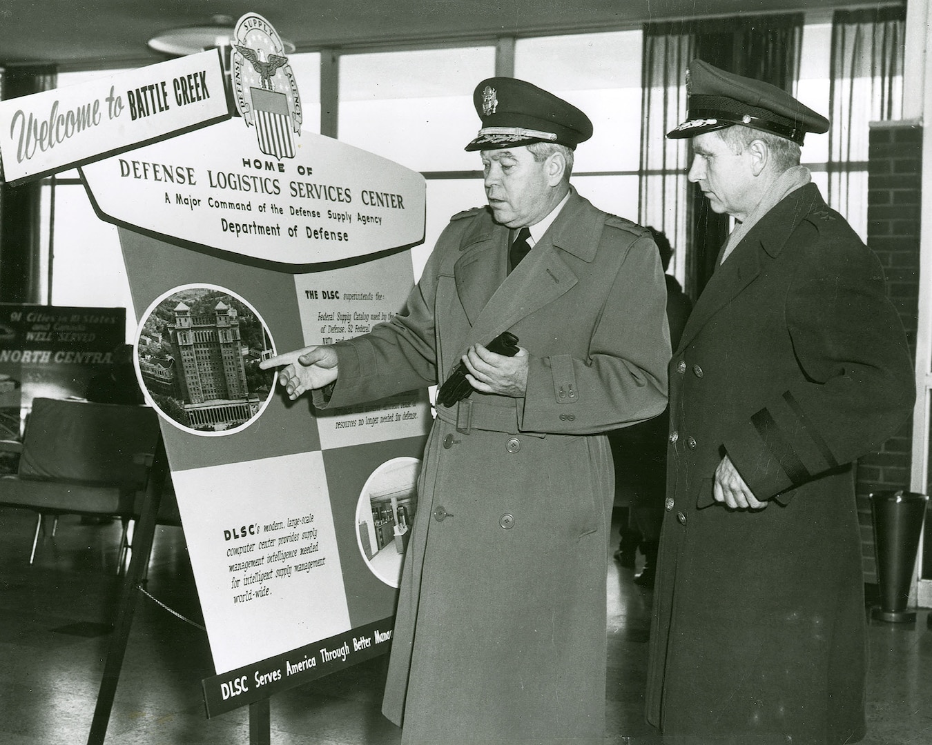 Defense Supply Agency Director Army Lt. Gen. Andrew McNamara visits the DSA offices in Battle Creek, Michigan, for the dedication of the Defense Logistics Services Center in February 1963.