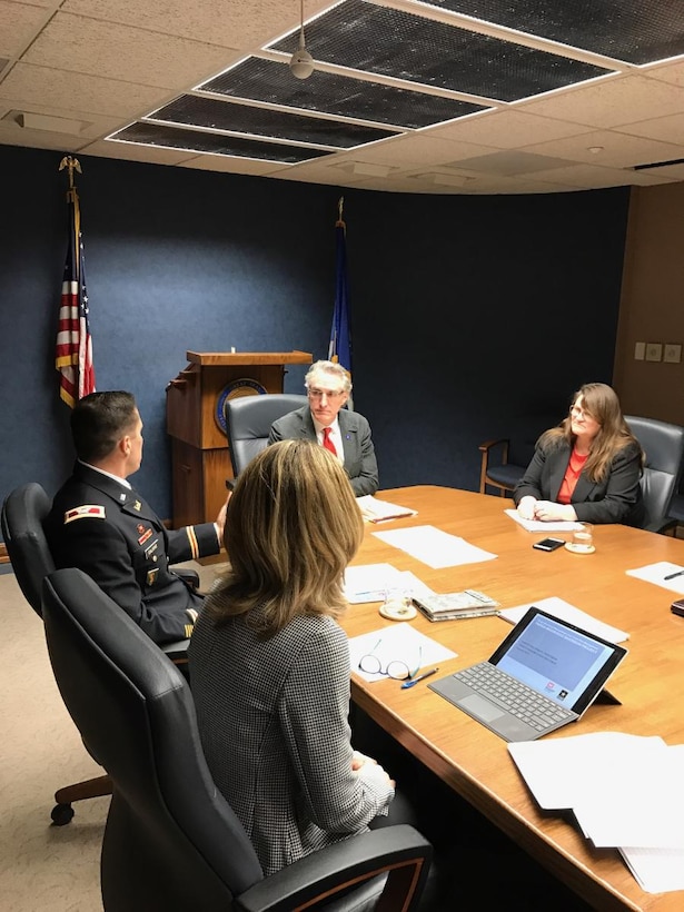BISMARCK, N.D. - North Dakota Governor Doug Burgum received a briefing from St. Paul District leaders Col. Sam Calkins, commander; Judy DesHarnais, deputy for programs and project manager; and Terry Williams, project management branch chief, on the status of the Fargo-Moorhead Metropolitan Flood Risk Management Project at the North Dakota state capitol building in Bismarck, Feb. 9. In addition to meeting with the governor, they met with a number of state legislators. – Courtesy photo