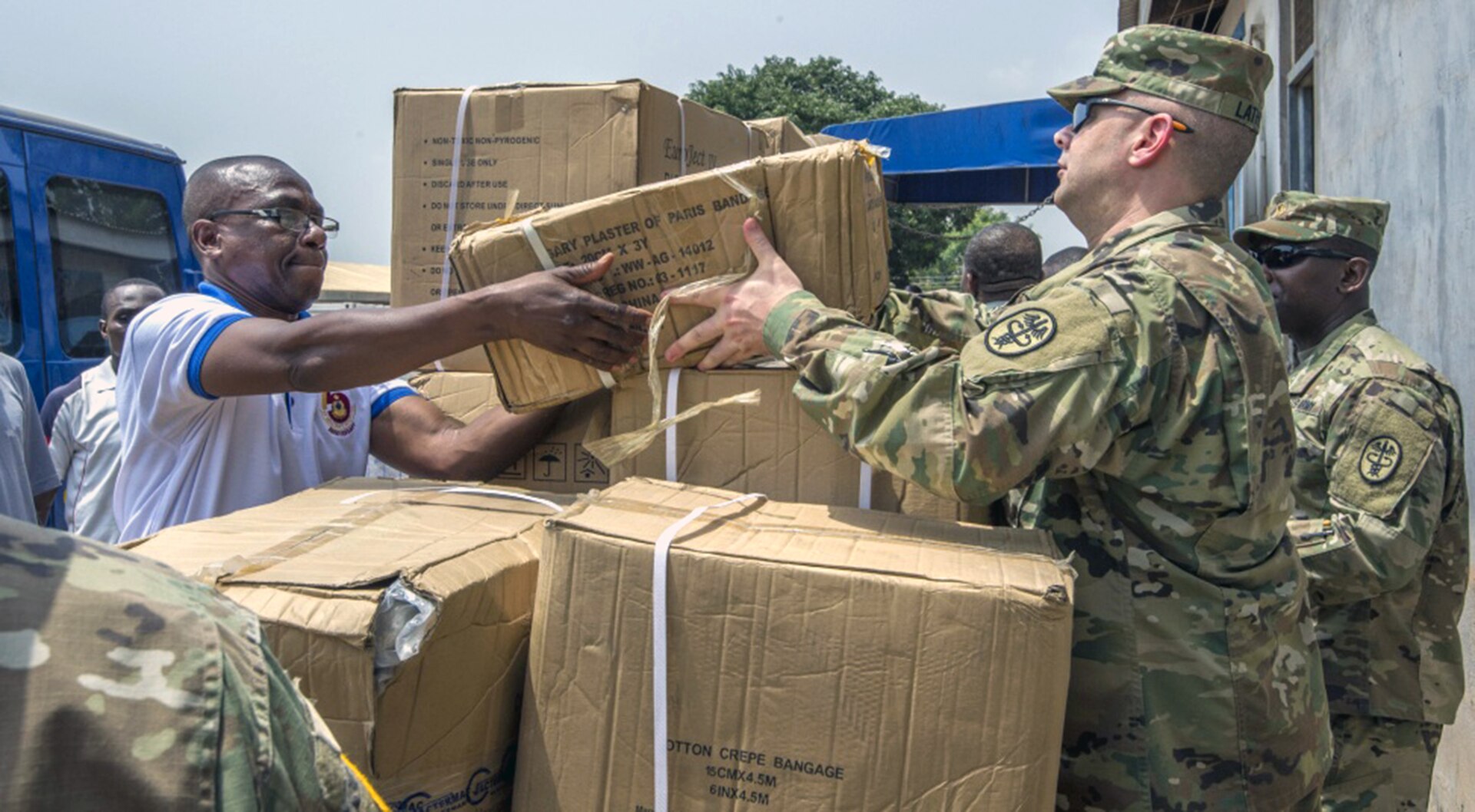 U.S. Army Maj. Keith Lathrop, nurse anesthetist assigned to Brooke Army Medical Center, helps unload and inventory medical supplies the U.S. Army is donating following the closing ceremony of Medical Readiness Training Exercise 17-2 at the 37th Military Hospital in Accra, Ghana, Feb. 22. MEDRETE 17-2 includes participants from the Ghanaian government, U.S. Army Africa, Brooke Army Medical Center and the North Dakota National Guard. It is the second in a series of medical readiness training exercises that USARAF is scheduled to facilitate in various countries in Africa. The exercise offers opportunities for the partnered militaries to cooperate on medical specific tasks, share best practices and improve medical treatment processes. 