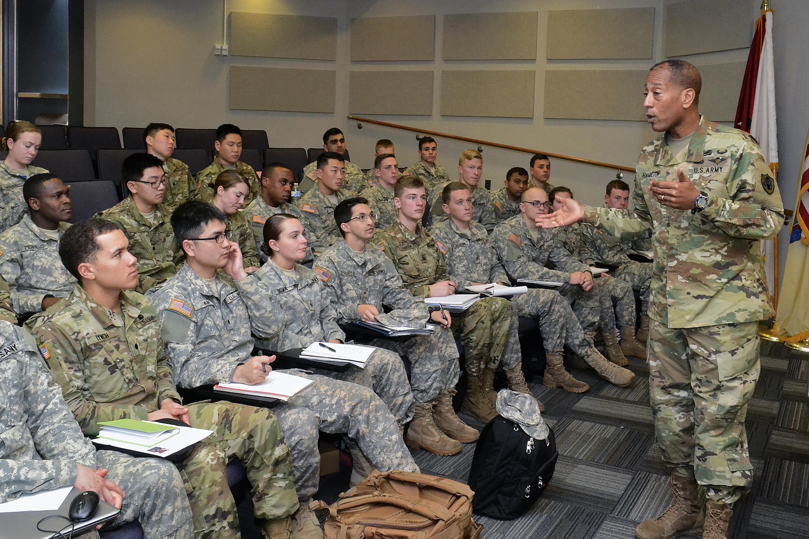 Army Brig. Gen. Charles Hamilton, Defense Logistics Agency Troop Support commander, speaks to ROTC cadets at Rutgers University, New Brunswick, N.J., Feb. 23. He advised the cadets that to be successful, officers must ensure their units are highly fit, highly trained and highly disciplined.