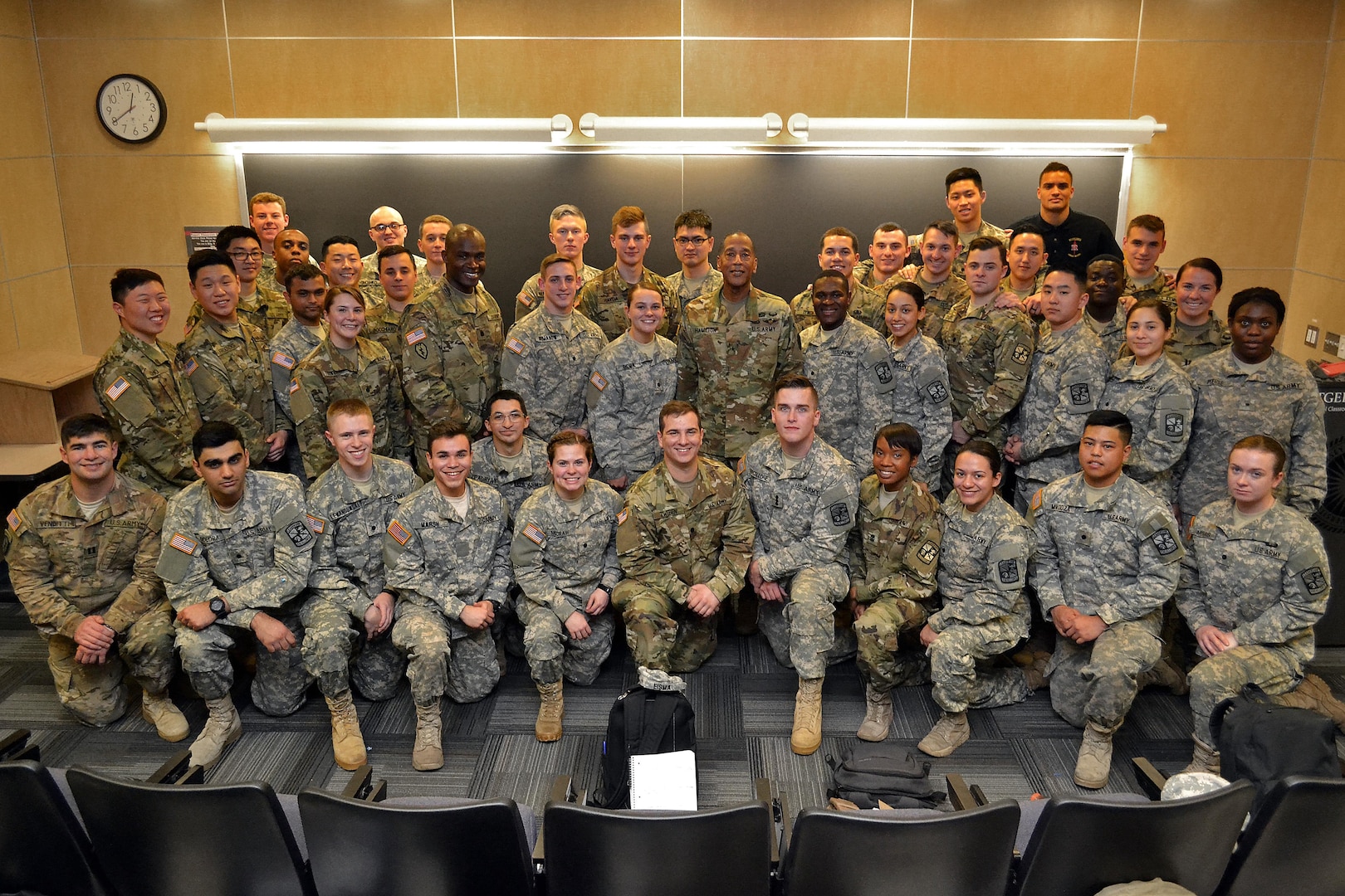 Army Brig. Gen. Charles Hamilton, Defense Logistics Agency Troop Support commander, stands with ROTC cadets at Rutgers University, New Brunswick, N.J., Feb. 23. He advised the cadets that to be successful, officers must ensure their units are highly fit, highly trained and highly disciplined.