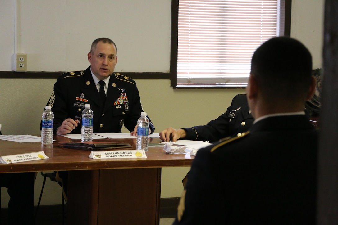 Southeast Medical Area Readiness Support Group Command Sgt. Maj. Christopher Luchsinger asks current event questions to noncommisioned officers at a board for the Best Warrior Competition at Camp Bullis, Texas, 11 Feb.   Soldiers from the Medical Readiness and Training Command, Northeast MARSG, Southeast MARSG, Central MARSG and Western MARSG competed in the Best Warrior Competition for their respective commands at Camp Bullis, Texas, 8-12 Feb., 2017. 