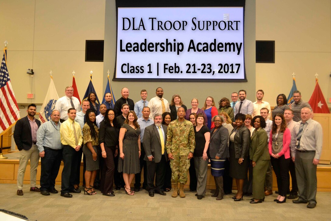 DLA Troop Support Commander Army Brig. Gen. Charles Hamilton (center) poses with the inaugural class of the organization’s Leadership Academy Feb. 23 in Philadelphia. The three-day workshop was created to give new supervisors the tools needed to be effective leaders. 