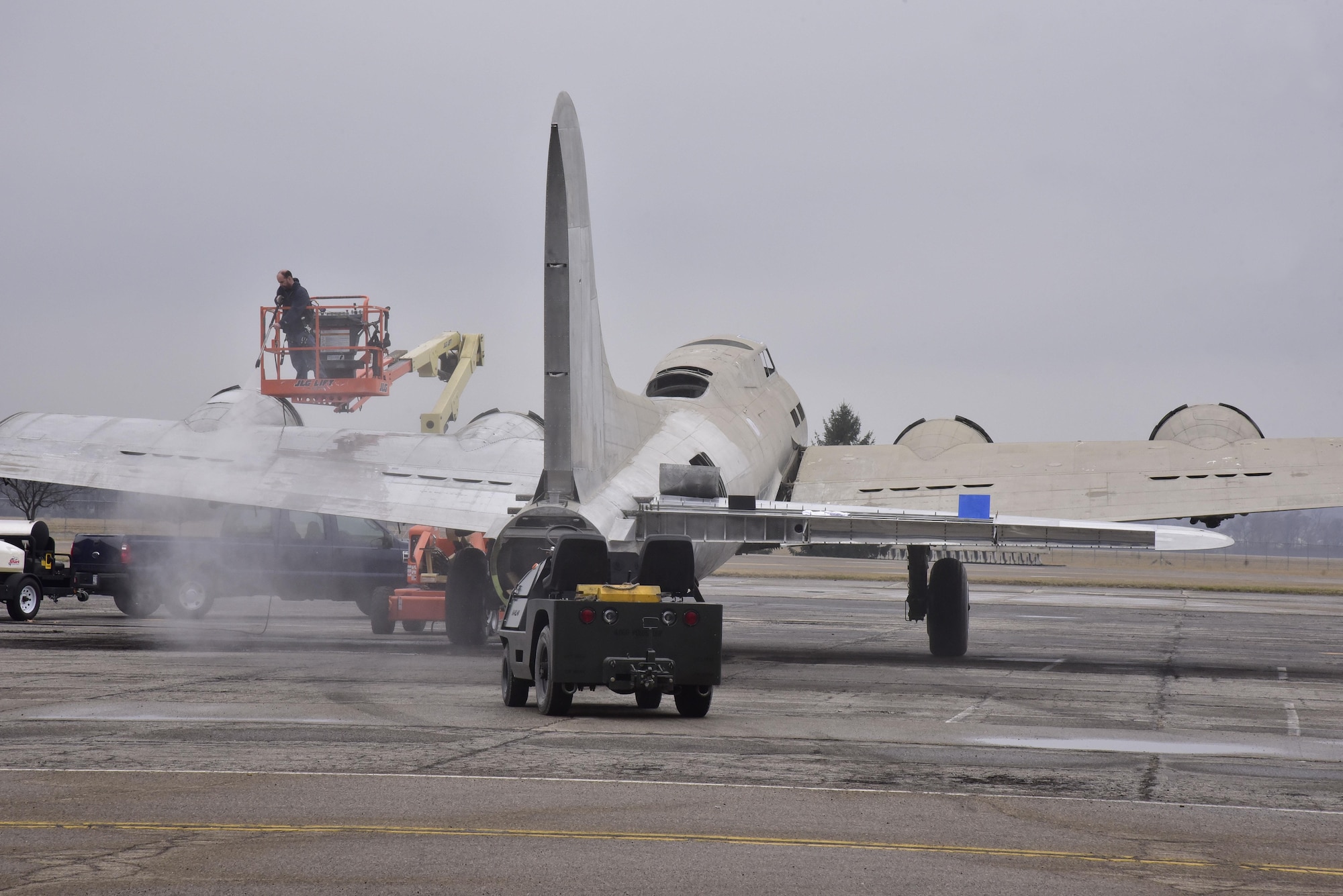 DAYTON, Ohio (02/2017) -- Restoration crews cleaned the Boeing B-17F Memphis Belle, and moved it to another hangar with additional space on Feb. 22, 2017 at the National Museum of the United States Air Force. (U.S. Air Force photo by Ken LaRock)