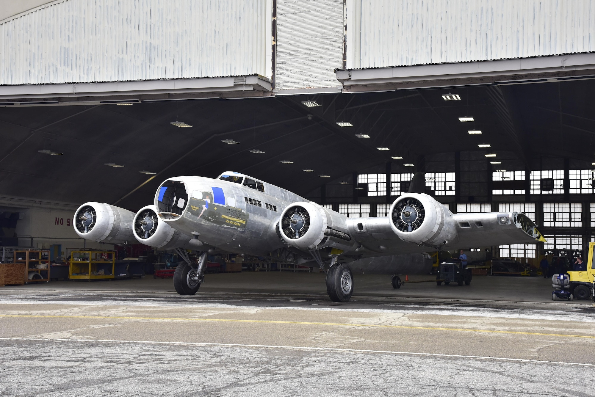 DAYTON, Ohio (02/2017) -- Restoration crews cleaned the Boeing B-17F Memphis Belle, and moved it to another hangar with additional space on Feb. 22, 2017 at the National Museum of the United States Air Force. (U.S. Air Force photo by Ken LaRock)