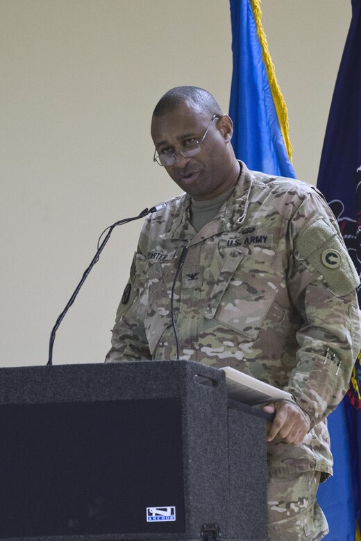 Col. Jeffery Carter, Deputy Commanding Officer of the 1st TSC / 316th Sustainment Command (Expeditionary) speaks for the African American / Black History Month observance at Camp Arifjan, Kuwait Feb. 22, 2017. The 316th ESC is an U.S. Army Reserve unit from Coraopolis, Pa. currently deployed to Camp Arifjan in support of the 1st TSC mission of providing logistics support throughout the US Central Command (USCENTCOM) area of operations. 