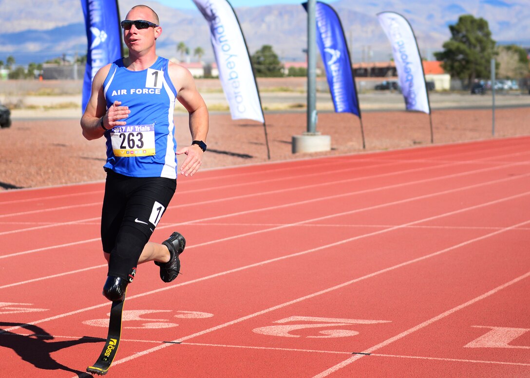 U.S. Air Force Tech. Sgt. Ben Seekell, 2017 AF Trials competitor, finishes the 1,500 meter run during Track and Field qualifications at the Warrior Fitness Center Feb. 28, 2017 at Nellis Air Force Base, Nev. Despite losing a leg during a 2011 improvised explosive device attack in Afghanistan, Seekell claims to be stronger and faster than ever.  (U.S. Air Force photo by Senior Airman Chip Pons)

