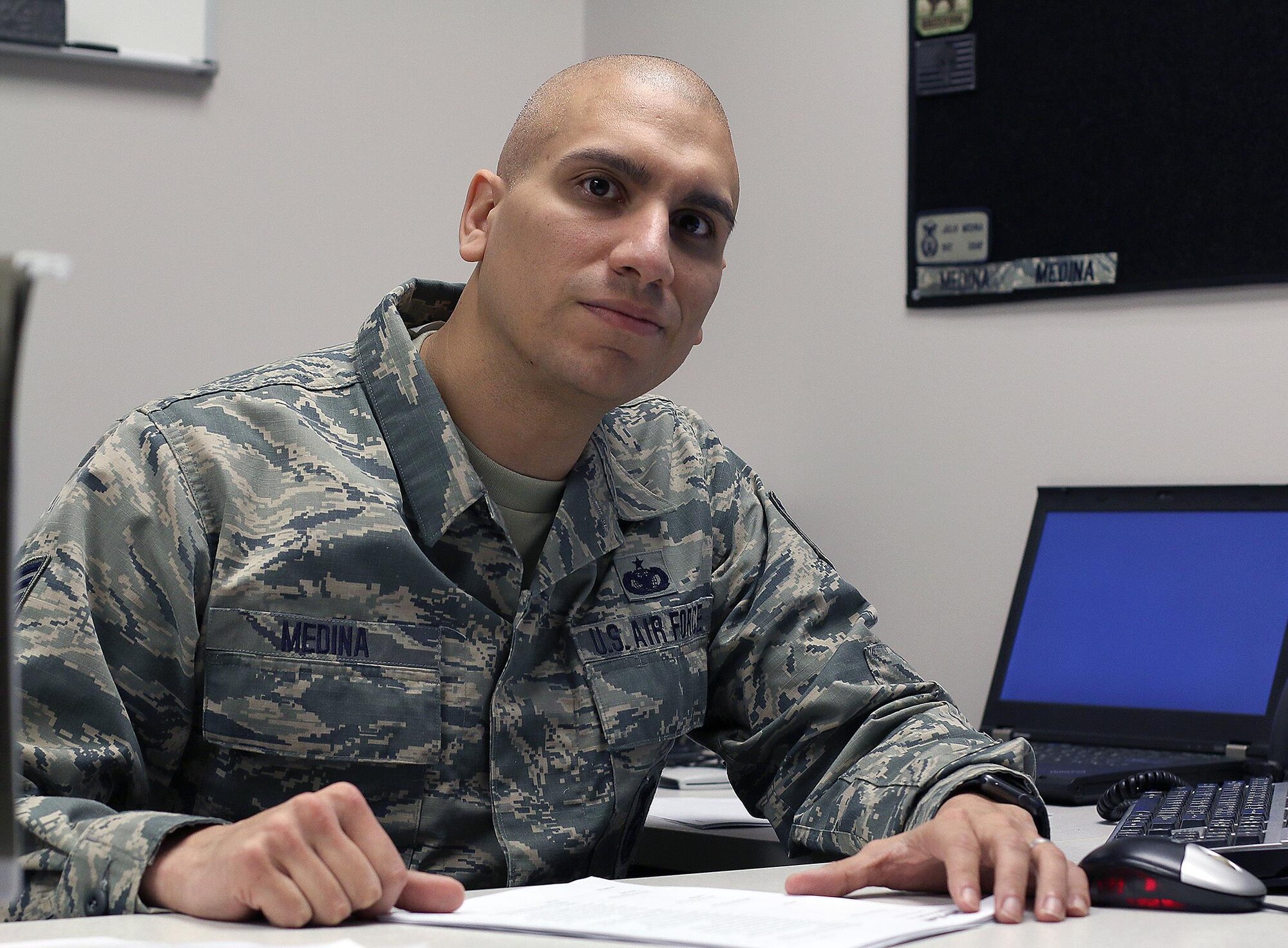Tech. Sgt. Julio Medina, 445th Security Forces Squadron Unit Training Manager, is the 445th Airlift Wing March Spotlight Performer. (U.S. Air Force photo/Tech. Sgt. Patrick O’Reilly)