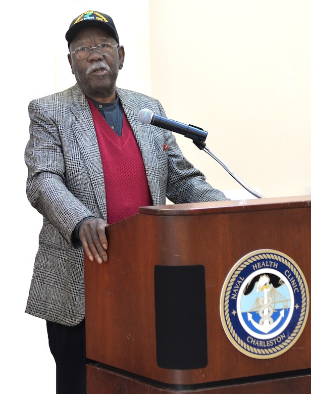 William "Bill" Saunders, CEO of the Committee on Better Racial Assurance, speaks at Naval Health Clinic Charleston's Black History Month observance Feb. 24 in the NHCC Atrium. Saunders, keynote speaker for the event, addressed issues black Americans continue to face today. Saunders is best known as a community and civil rights activist in Charleston who was an organizer and lead negotiator of the Charleston Hospital Strike of 1969. In 1970, Saunders established COBRA to address race-related community problems and provide assistance to community members in need. He also operated the AM
radio station WPAL from 1972-1998.
