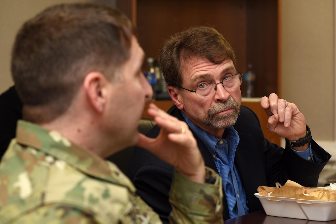 Lt. Col. Stephen Murphy, U.S. Army Corps of Engineers Nashville District commander, briefs Douglas Lamont, senior official performing duties of secretary of the Army for Civil Works, about the district’s 10 dams, nine with hydropower, and four locks in the Cumberland River Basin.  Murphy noted that the average age of these projects is 63 years. Lamont received information from Corps of Engineers and Tennessee Valley Authority officials during a visit to Chickamauga Lock on the Tennessee River in Chattanooga, Tenn., Feb. 28, 2017. 