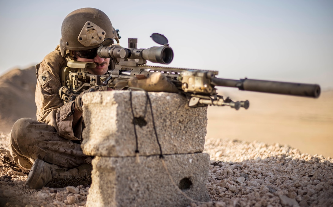 RABKUT, Oman (Feb. 19,2017) U.S. Marine Cpl. Robert Lea, a scout sniper with Weapons Company, Battalion Landing Team 1st Bn., 4th Marines, 11th Marine Expeditionary Unit (MEU), sights in with his M110 Semi-Automatic Sniper System during an unknown distance range as part of Exercise Sea Solider, Feb. 19. The Marines and Sailors with the Scout Sniper Platoon will seek vantage points to observe key areas of interest, known as forward observing, and give adjacent units fire direction from long distances. Sea Soldier 2017 is an annual, bilateral exercise conducted with the Royal Army of Oman designed to demonstrate the cooperative skill and will of U.S. and partner nations to work together in maintaining regional stability and security. The 11th MEU is deployed in the U.S. 5th Fleet area of operations in support of maritime security operations designed to reassure allies and partners, preserve the freedom of navigation and the free flow of commerce and enhance regional stability. (U.S. Marine Corps photo by Cpl. April L. Price)
