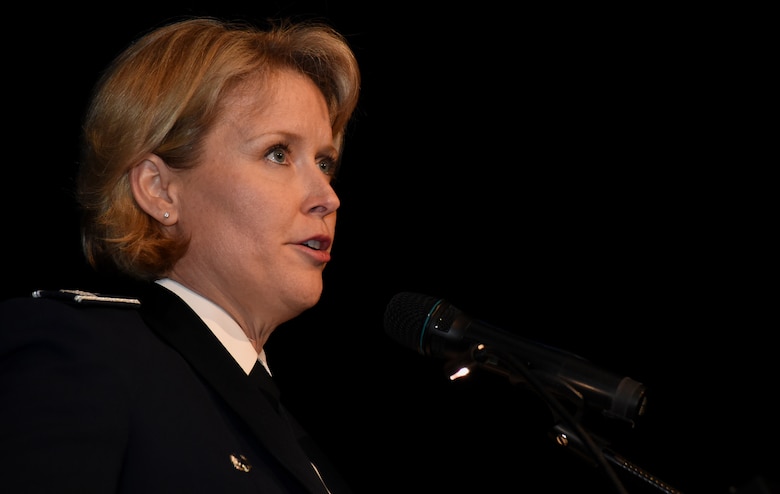 Col. DeAnna Burt, 50th Space Wing commander, addresses the audience after receiving the Gen. Jerome F. O'Malley Distinguished Space Leadership Award in Colorado Springs, Colo., Friday Feb. 25, 2017. Burt expressed her gratitude to all those who made it possible for her to receive this award. (U.S. Air Force photo/Senior Airman Arielle Vasquez)
