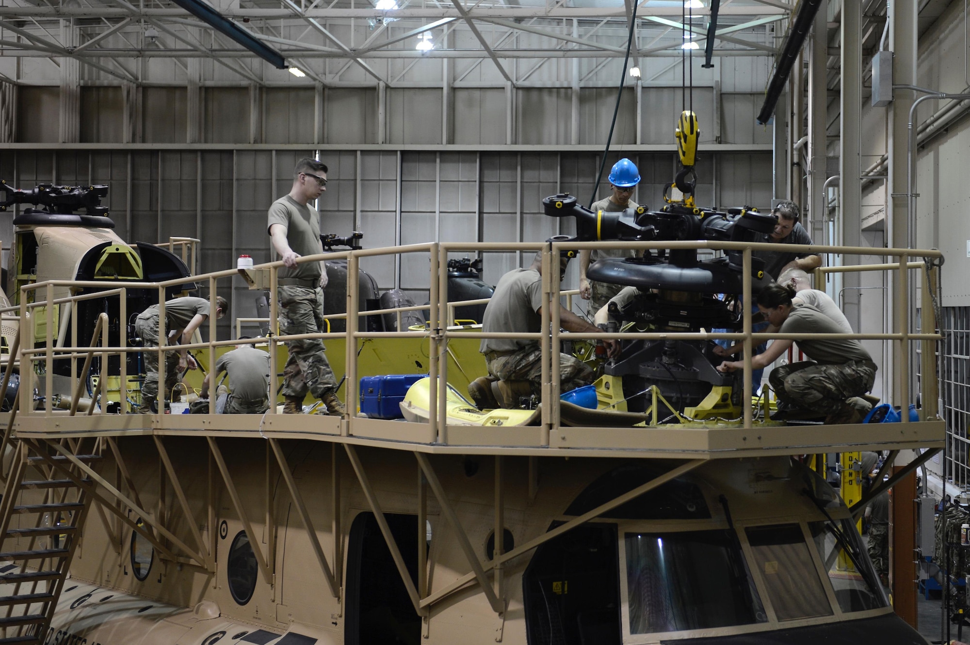 U.S. Army students with the 128th Aviation Brigade repair the propellers on a CH-47 Chinook at Joint Base Langley-Eustis, Va., Feb. 24, 2017. The 128th Avn. Bde. houses 300 different training simulators and approximately 3,000 computer stations to provide students with real-life experiences to conduct accurate repairs. (U.S. Air Force photo by Airman 1st Class Kaylee Dubois)