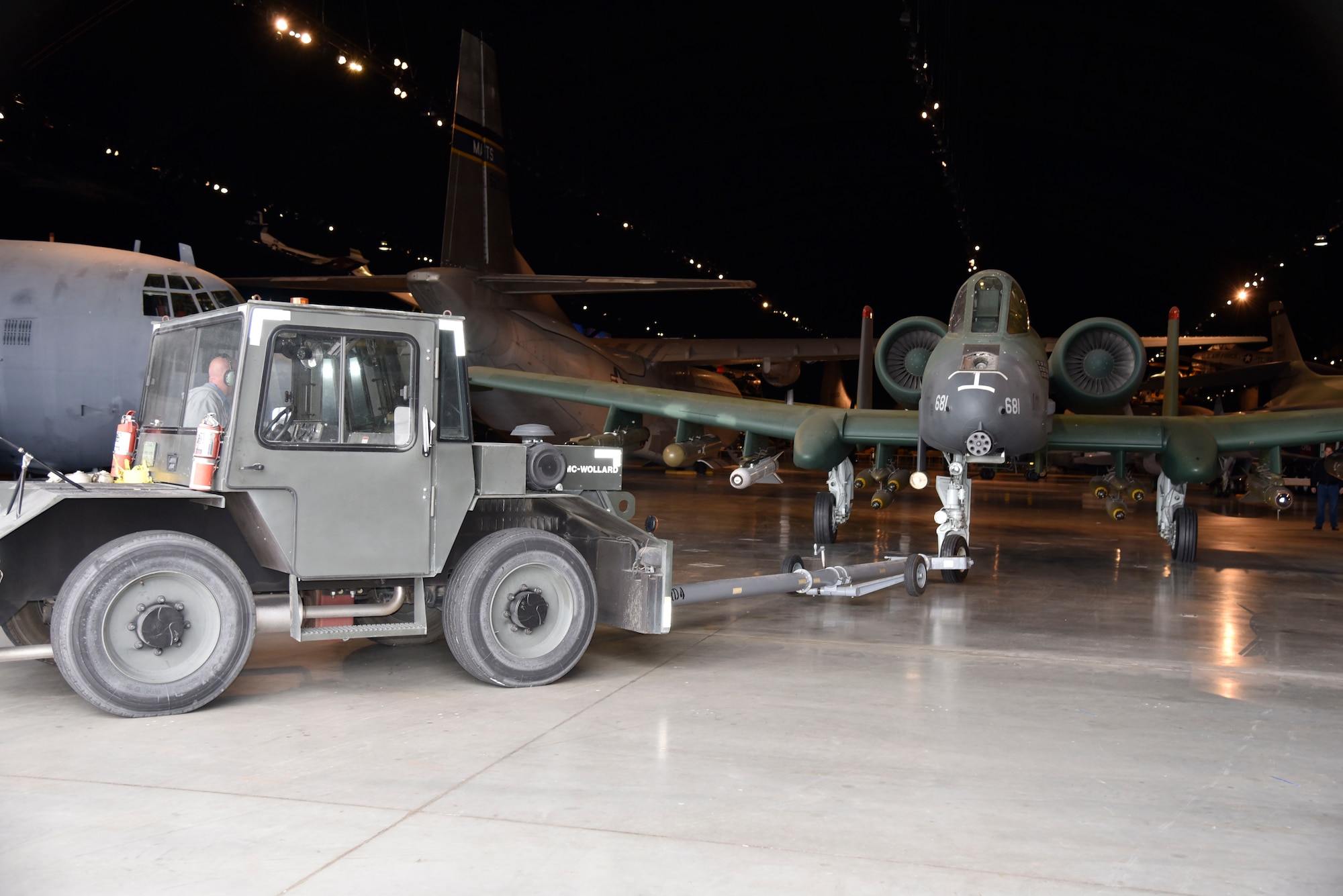 DAYTON, Ohio -- The Fairchild Republic A-10A Thunderbolt II being moved into position in the Cold War Gallery at the National Museum of the United States Air Force. The restoration crew members worked as part of a team to complete the gallery reconfiguration on Jan. 26, 2017. (U.S. Air Force photo)