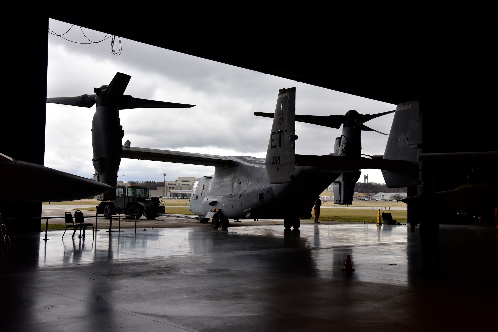 DAYTON, Ohio -- Bell-Boeing CV-22B Osprey being moved into position in the Cold War Gallery at the National Museum of the United States Air Force. The restoration crew members worked as part of a team to complete the gallery reconfiguration on Jan. 26, 2017. (U.S. Air Force photo)