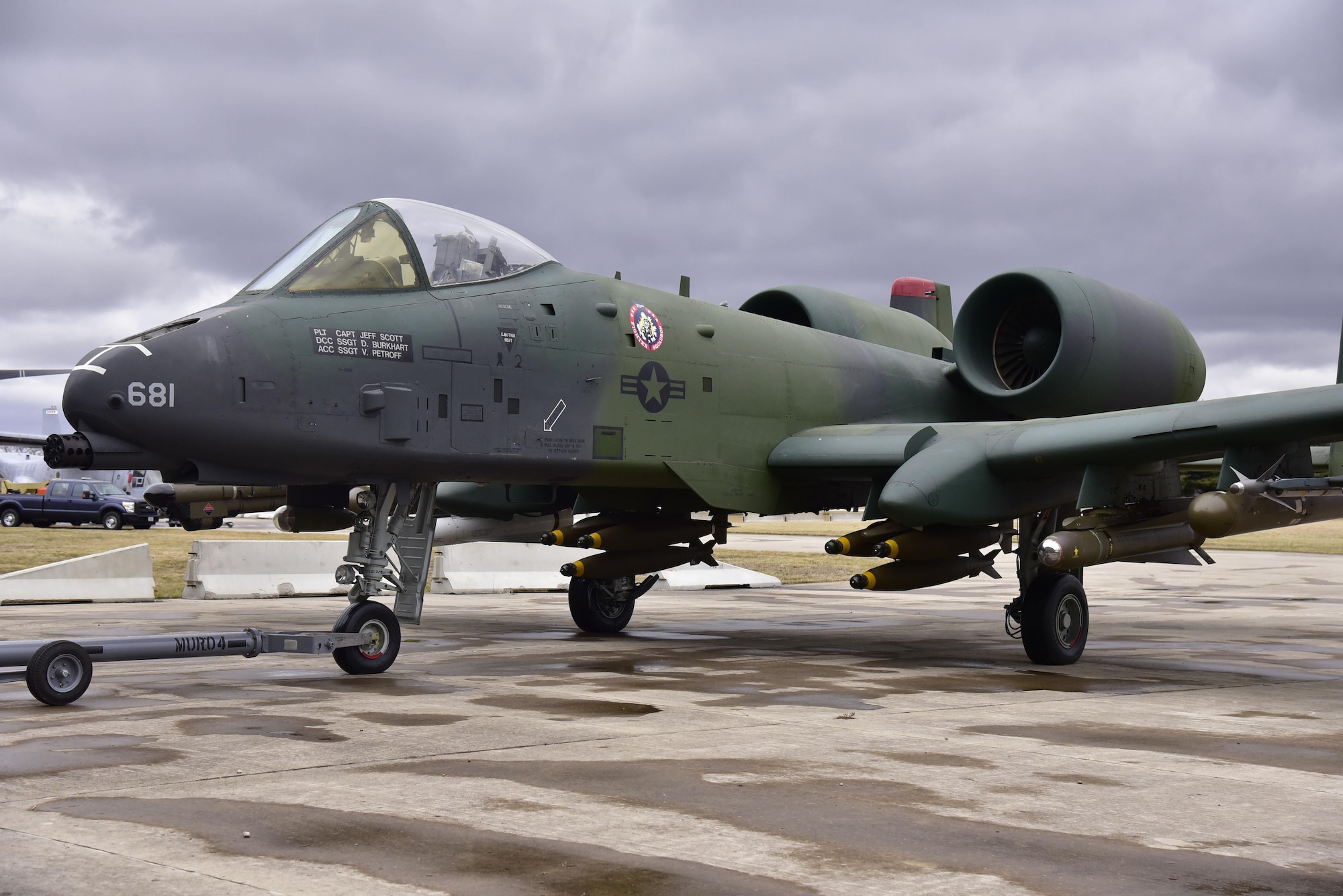 DAYTON, Ohio -- Fairchild Republic A-10A Thunderbolt II   being moved into position in the Cold War Gallery at the National Museum of the United States Air Force. The restoration crew members worked as part of a team to complete the gallery reconfiguration on Jan. 26, 2017. (U.S. Air Force photo)
