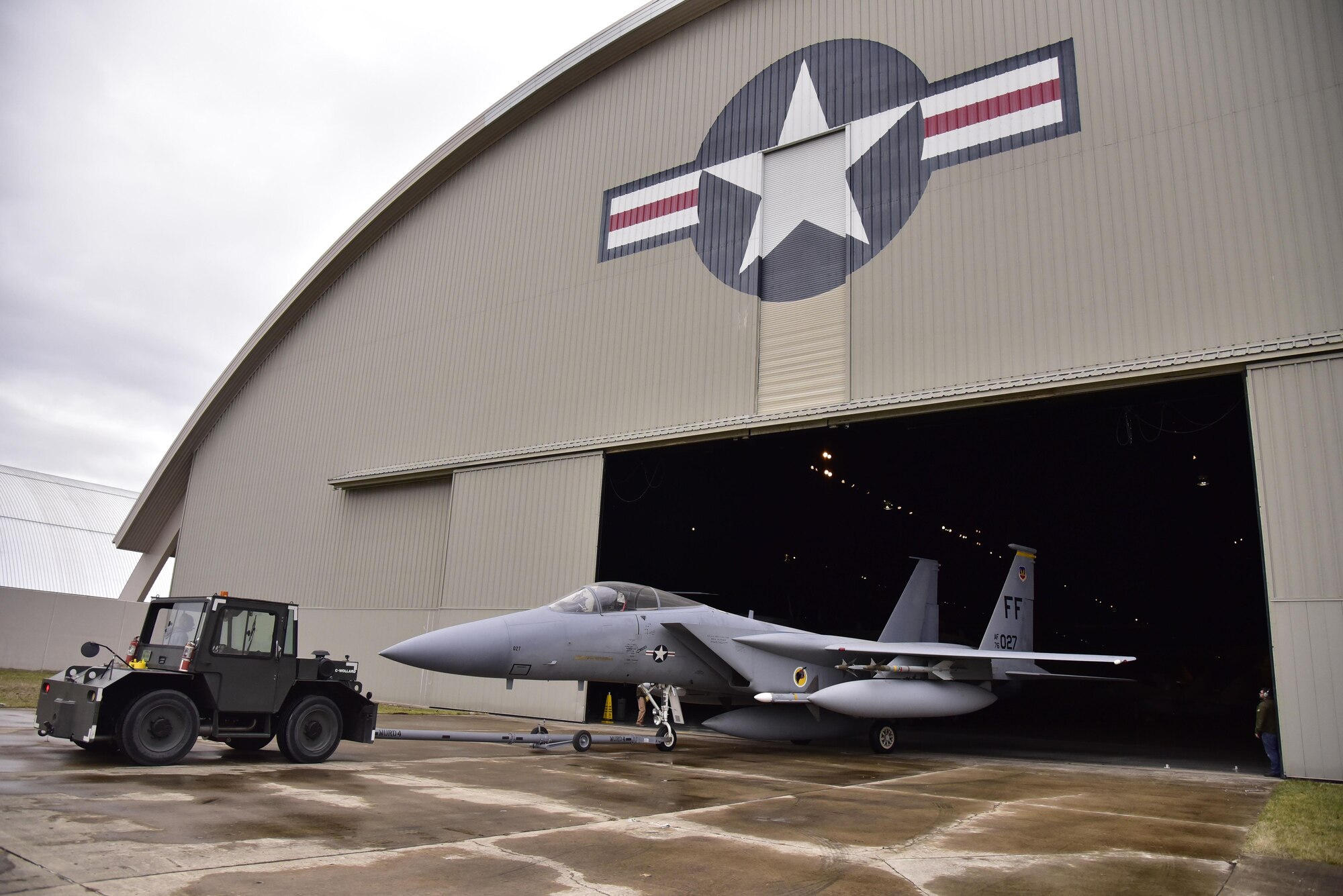 DAYTON, Ohio -- McDonnell Douglas F-15A Eagle being moved into position in the Cold War Gallery at the National Museum of the United States Air Force. The restoration crew members worked as part of a team to complete the gallery reconfiguration on Jan. 26, 2017. (U.S. Air Force photo)