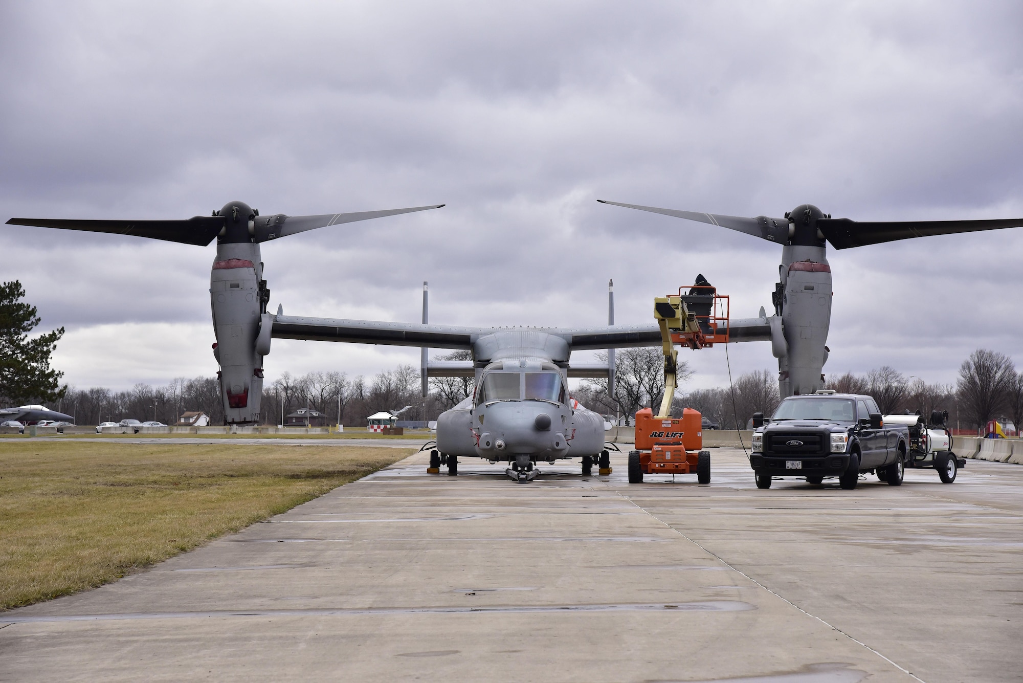DAYTON, Ohio -- The Bell-Boeing CV-22B Osprey being washed on Jan. 26, 2017 at the National Museum of the United States Air Force. The aircraft was then moved into it's new location in the Cold War Gallery. (U.S. Air Force photo by Ken LaRock) 