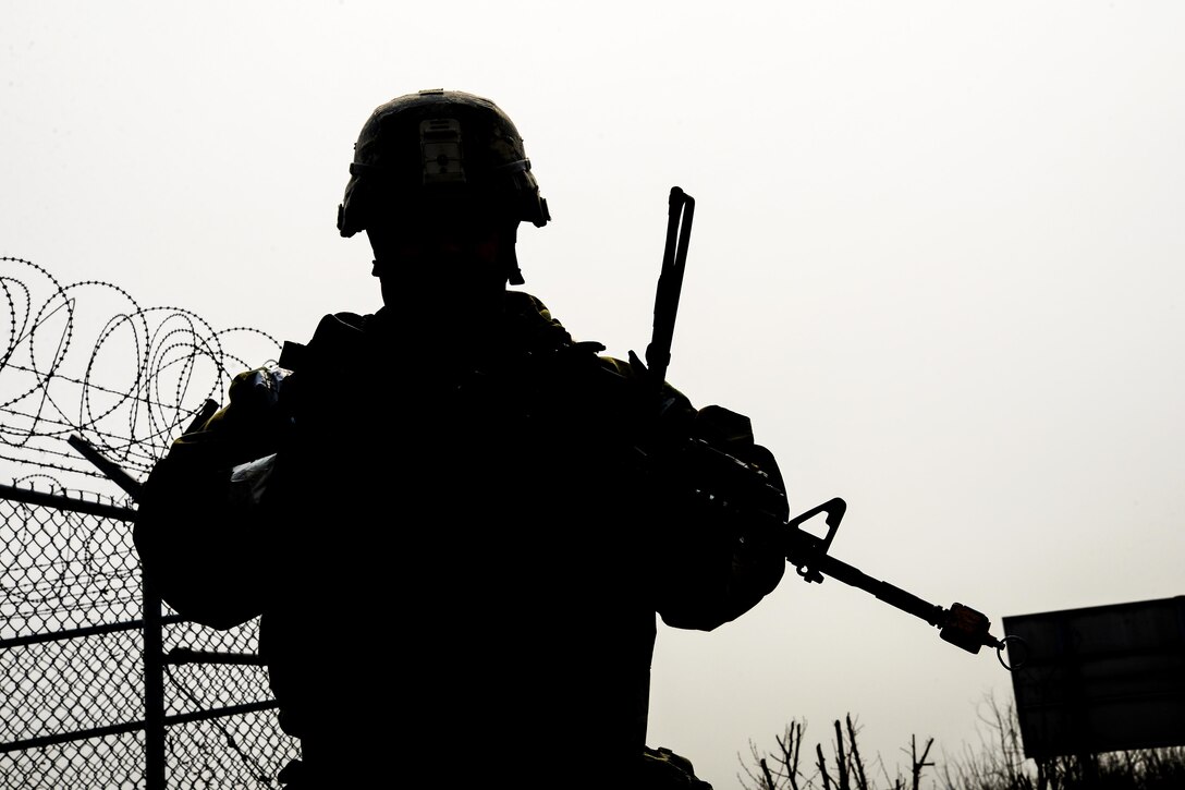 Air Force Staff Sgt. William Summerfield conducts an “outside the wire” perimeter check during Exercise Beverly Herd 17-1 at Osan Air Base, South Korea, March 1, 2017. Summerfield is a base defense operations center controller assigned to the 51st Security Forces Squadron, which maintains a secure environment to increase combat power during exercises and real-life scenarios. Air Force photo by Airman 1st Class Gwendalyn Smith