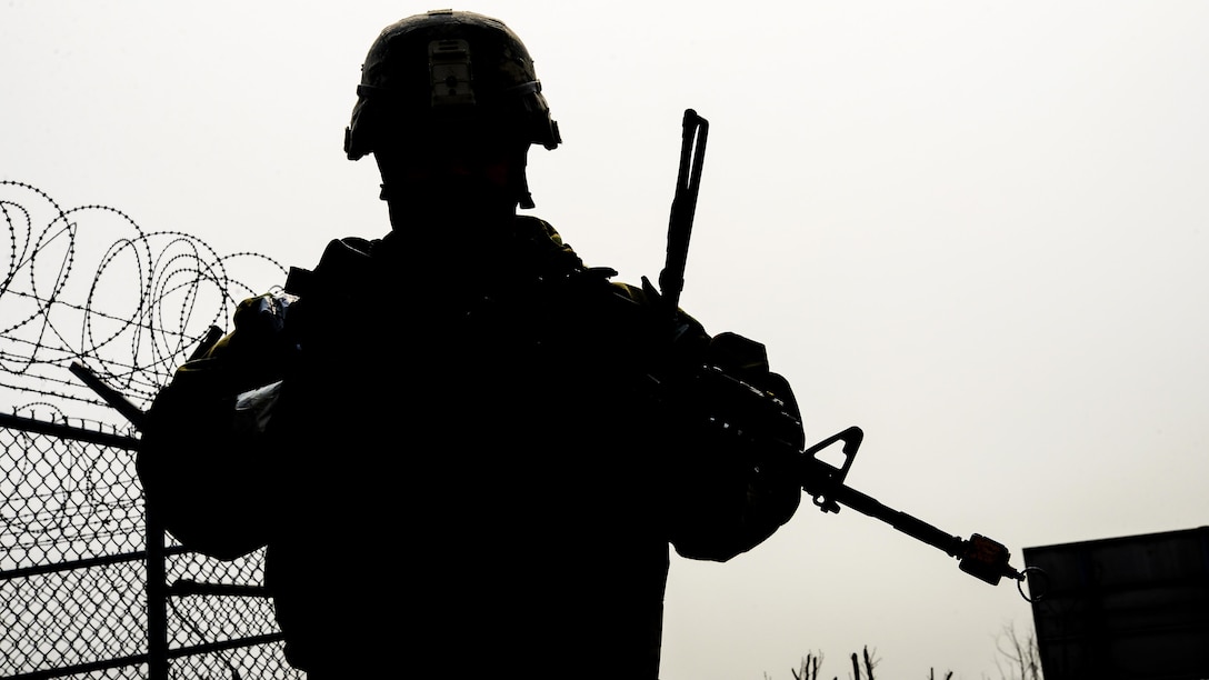 Air Force Staff Sgt. William Summerfield conducts an “outside the wire” perimeter check during Exercise Beverly Herd 17-1 at Osan Air Base, South Korea, March 1, 2017. Summerfield is a base defense operations center controller assigned to the 51st Security Forces Squadron, which maintains a secure environment to increase combat power during exercises and real-life scenarios. Air Force photo by Airman 1st Class Gwendalyn Smith