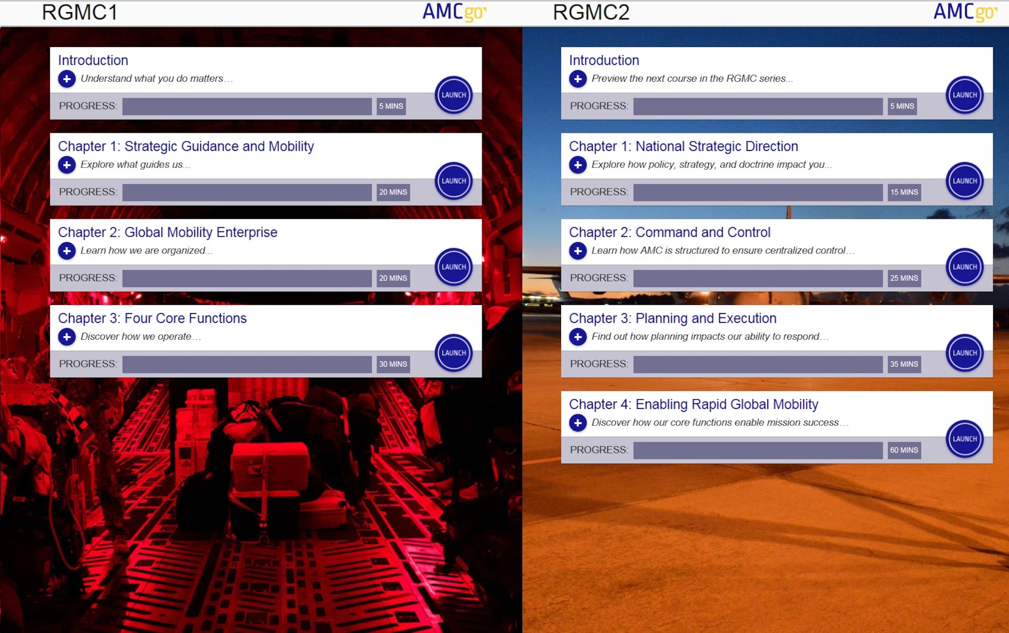 Shown are the RGMC 1 and 2 course homepages from the AMCgo app. To navigate to these courses and other resources visit https://amcgo-staging.learning-transformation.com/ 
