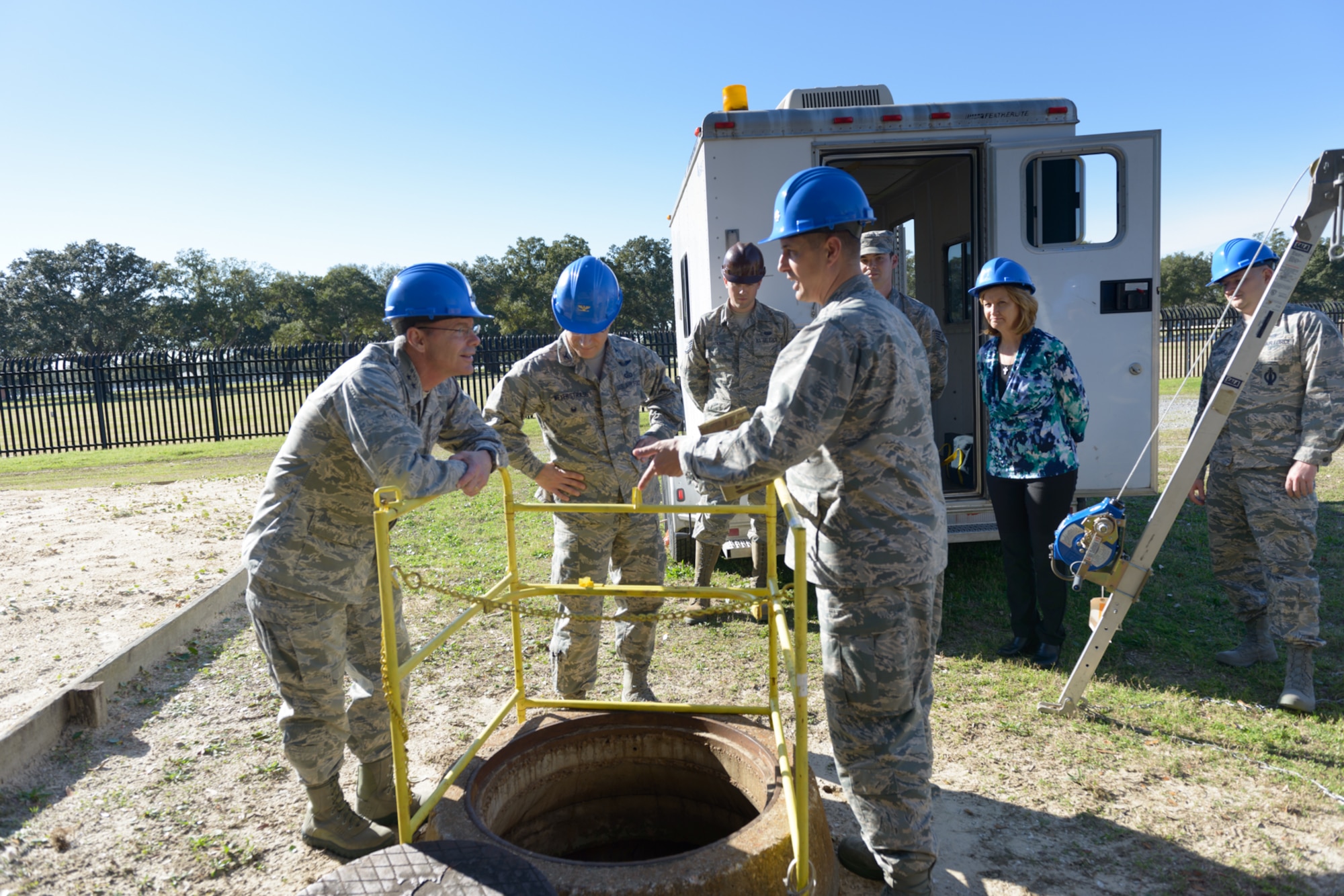 A group of 85th Engineering Installation Squadron Airmen explain manhole entry procedures to Maj. Gen. Robert LaBrutta, 2nd Air Force commander, during a 2nd AF immersion tour of the unit located at Keesler Air Force Base, Miss., Feb. 9, 2017. The Airmen at the 85th EIS are part of the only active duty EIS in the Air Force. During contingencies, the 85th EIS Airmen can deliver their unique skills to the warfighter within 72 hours - anywhere in the world, which is why their motto is, "With Pride, Worldwide!" (U.S. Air Force photo by Andre’ Askew)