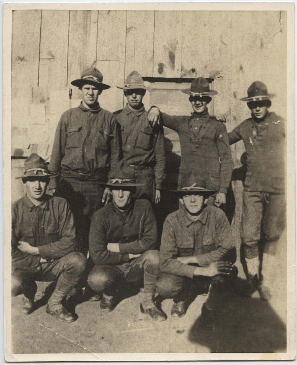 Doughboys of Company G, 137th Infantry Regiment, 35th Division pose in front of a barracks in France in 1918. The soldier in the front row – Pvt. John Frary – was killed in the Meuse-Argonne campaign. Photo courtesy of the National World War I Museum and Memorial