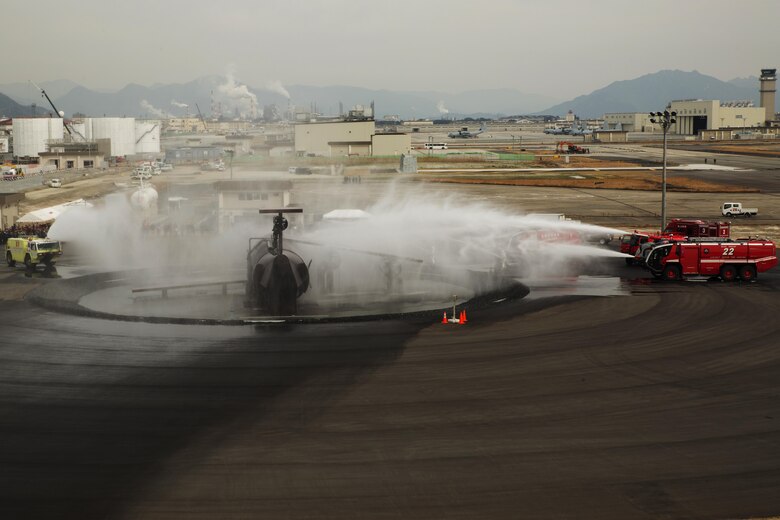 U.S. Marines, Sailors and Japanese Maritime Self-Defense Force personnel conducted a mass casualty exercise on Marine Corps Air Station Iwakuni, Japan, March 1, 2017. The exercise assessed the air station’s initial response, incident management, activation of emergency operations center and mass casualty plan in the event of a downed aircraft. (U.S. Marine Corps photo by Lance Cpl. Joseph Abrego)