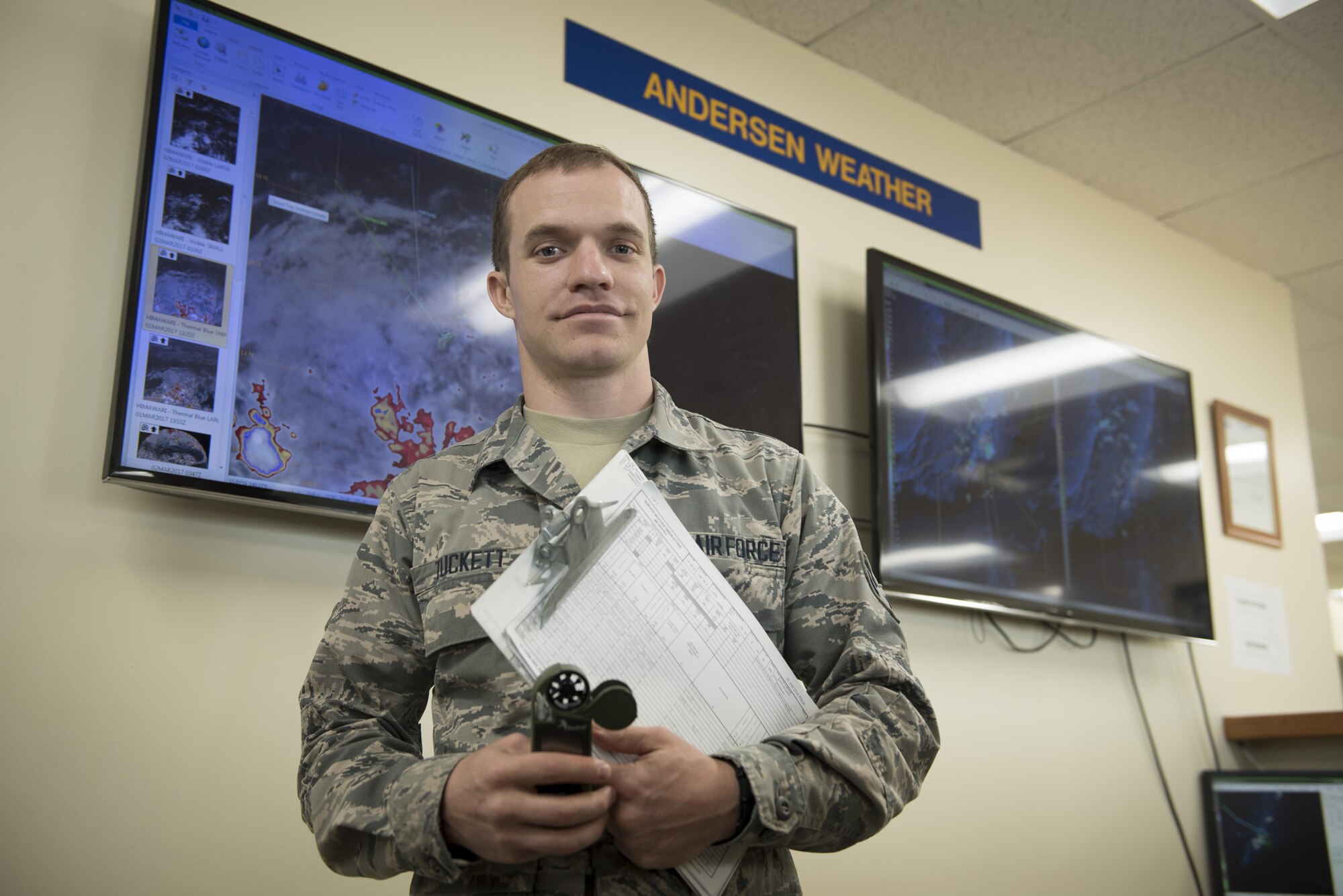 U.S. Air Force Airman 1st Class Joshua Tuckett, 18th Operations Support Squadron weather technician, is on Andersen Air Force Base, Guam, to participate in annual Exercise Cope North. Tuckett is responsible for providing essential weather information to aircrew and mission planers before every flight. Members of Kadena Air Base, Japan, are among 2,700 U.S. Airmen, Sailors and Marines who are training alongside approximately 600 combined JASDF and Royal Australian Air Force service members. (U.S. Air Force photo by Senior Airman John Linzmeier)