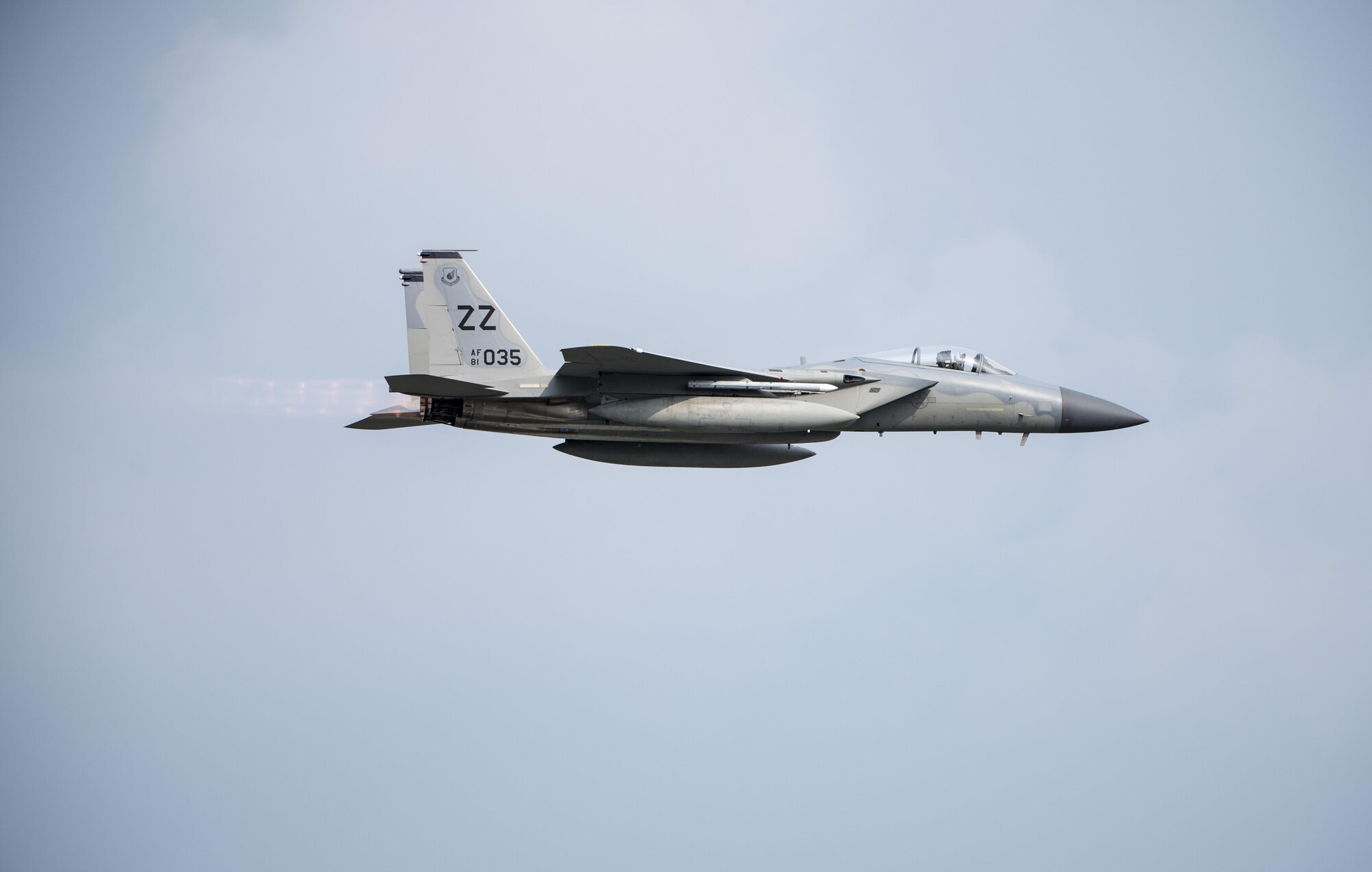A 44th Fighter Squadron F-15C Eagle flies through the sky Mar. 2, 2017, at Kadena Air Base, Japan. Pilots bear the responsibility of defending Okinawa and Japan from adversaries seeking to harm U.S. and allied partners within the Indo-Asian Pacific Theater. (U.S. Air Force photo by Senior Airman Omari Bernard/Released)