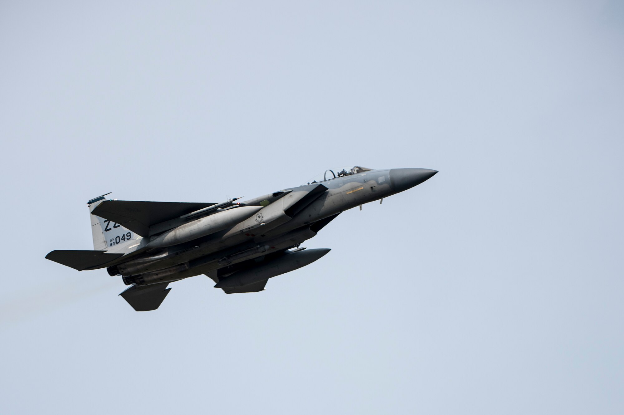 A 44th Fighter Squadron F-15C Eagle takes off for training Mar. 2, 2017, at Kadena Air Base, Japan. The F-15C Eagle is a versatile combat platform for air-intercept engagements utilizing an arsenal which includes an M-61A1 cannon, AIM-9 sidewinder missiles, and AIM-120 advanced medium range air-to-air missiles. (U.S. Air Force photo by Senior Airman Omari Bernard/Released)
