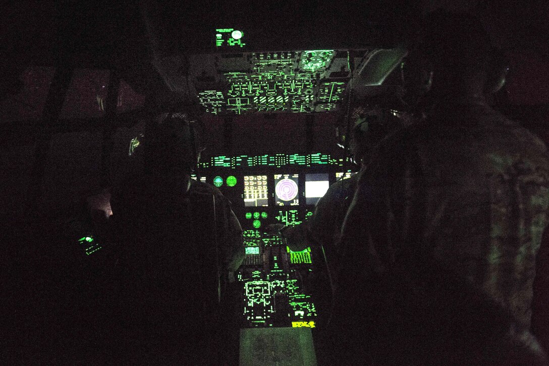 Air Force pilots fly an MC-130J Commmando II aircraft during Emerald Warrior 17 at Hurlburt Field, Fla., Feb. 28, 2017. Air Force photo by Staff Sgt. Corey Hook