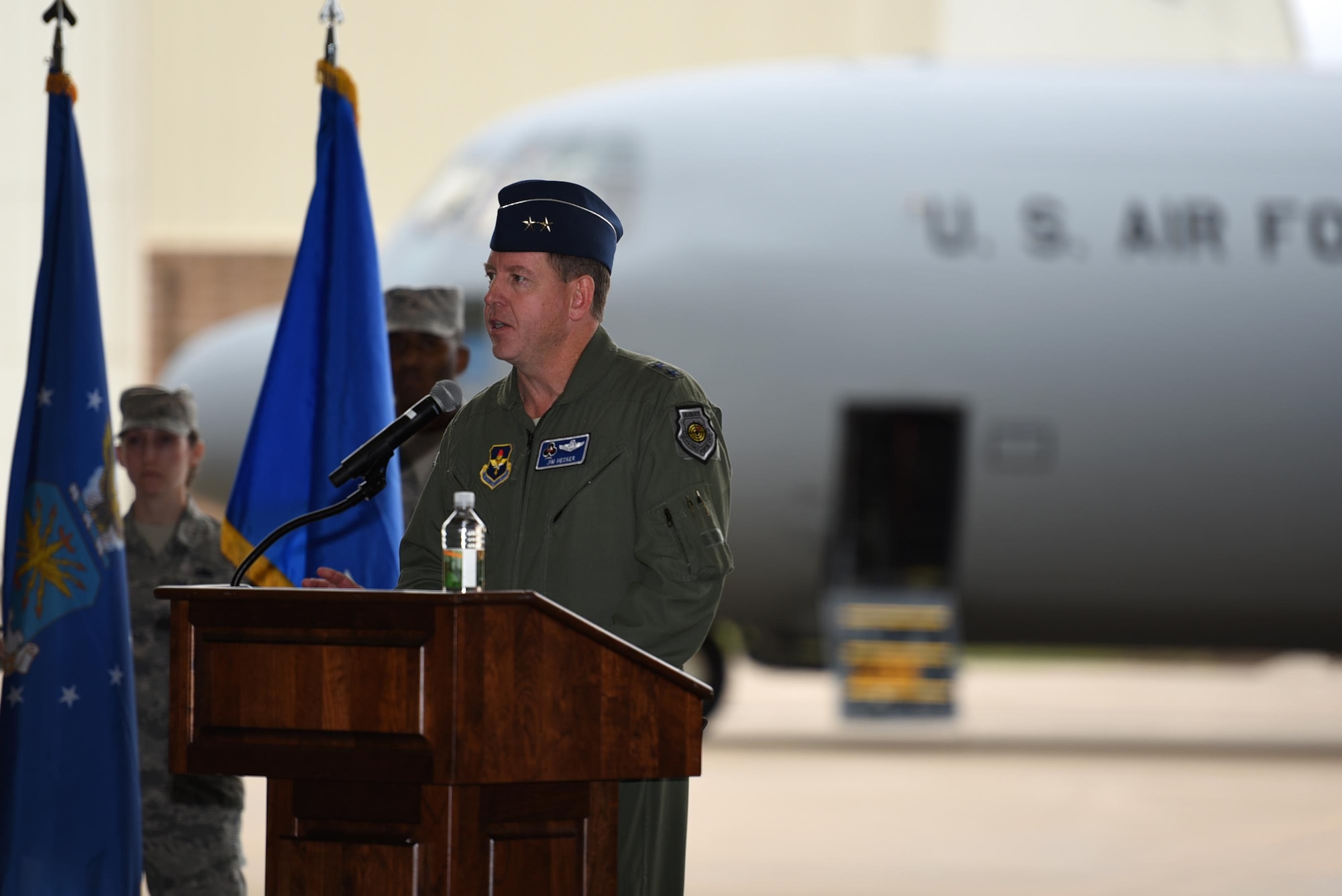 U.S. Air Force Maj. Gen. James Hecker, 19th Air Force commander, speaks at an arrival ceremony for the newest C-130J assigned to the 314th Airlift Wing Feb. 27, 2017, at Little Rock Air Force Base, Ark. The aircraft was the final new C-130J to be delivered to the 314th AW and marks the end of an airframe transition which lasted more than a decade. (U.S. Air Force photo by Airman 1st Class Kevin Sommer Giron)