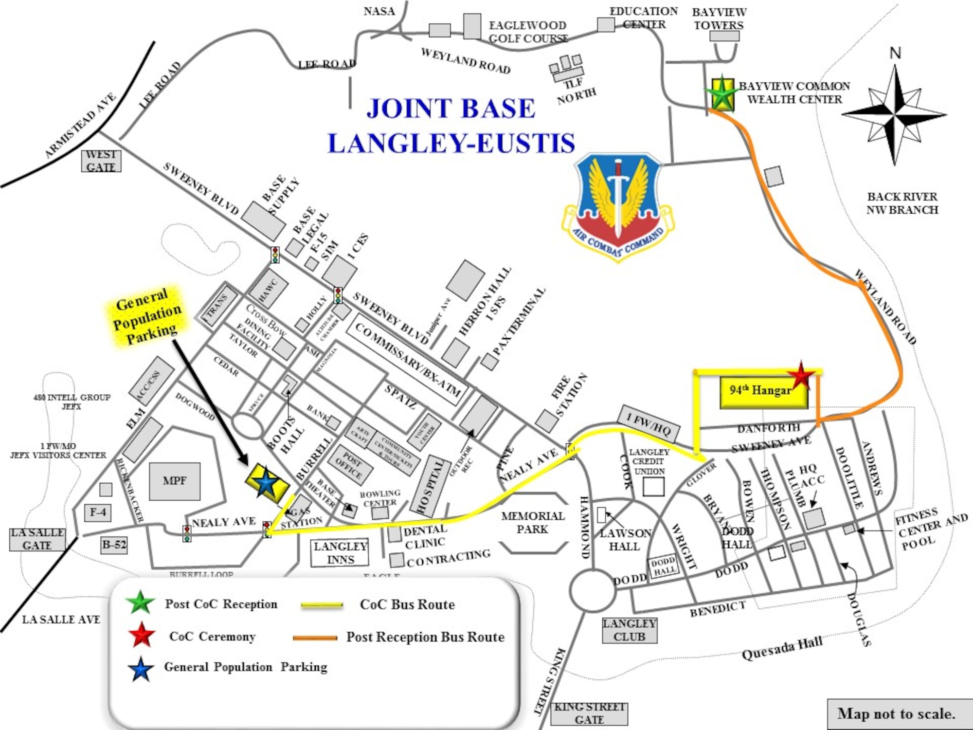 The men and women of the Air Combat Command will welcome a new commander during a Change of Command ceremony, March 10, 2017. General Hawk Carlisle will relinquish command to General Mike Holmes. The ceremony is open to Department of Defense ID card holders and their family members. The event will be held in the 94th Fighter Squadron Hangar, building 791, and will start promptly at 10:30 a.m. Shuttles will begin on March 10, at 9:15 a.m. and run until 10:15 a.m. from the parking lot across from the Shoppette as specified in the above map. Shuttles will resume after the ceremony, making stops at specified parking areas. They will also go to the Post Change of Command Reception at the Bayview Commonwealth Center and continue to run until all attendees are returned to the specified parking area.