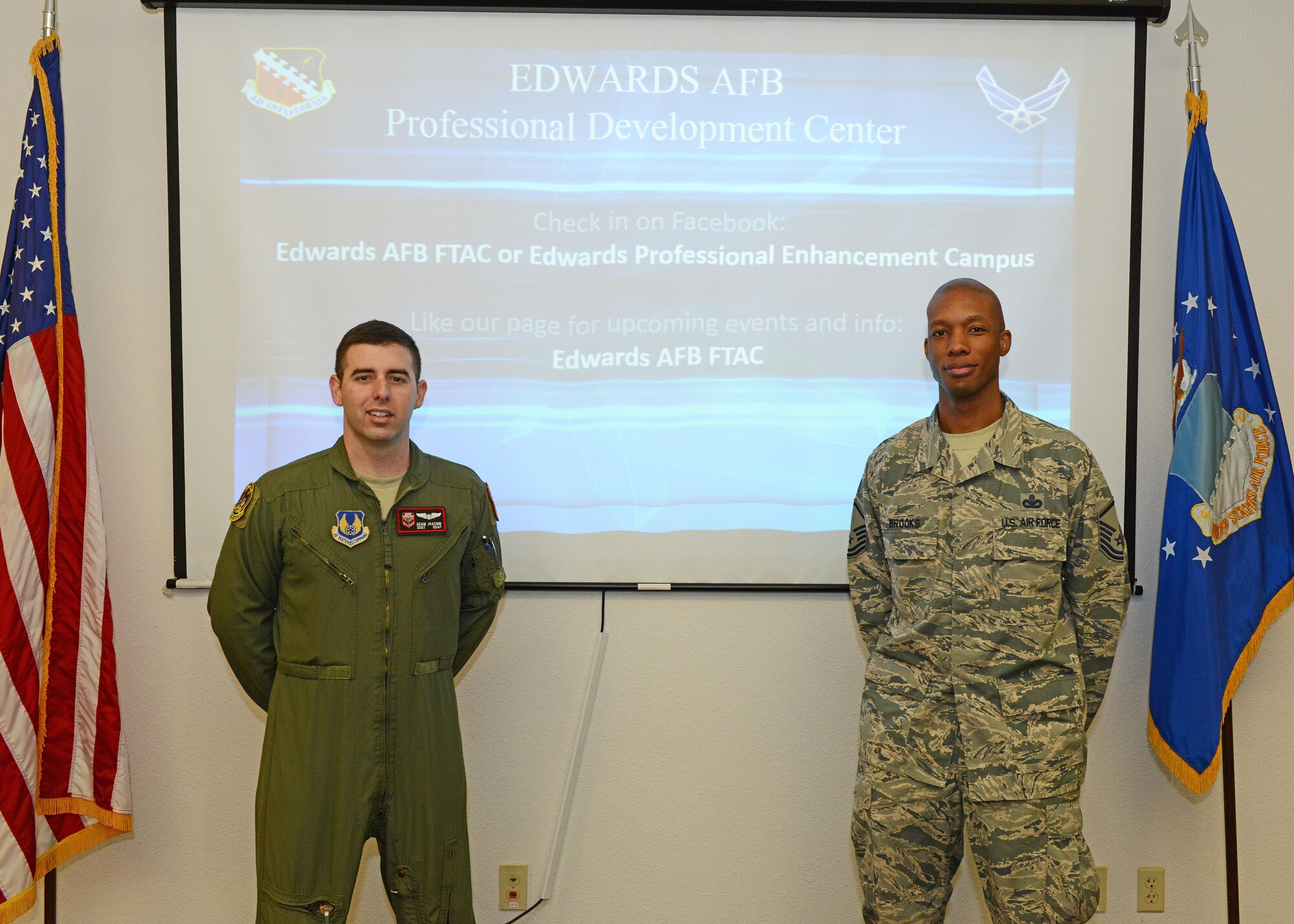 From left: Staff Sgt. Adam Joachim, First Term Airmen Center NCOIC, and Master Sgt. Andre Brooks, career assistance advisor, are part of the staff that will be conducting new professional development classes for Airmen. (U.S. Air Force photo by Kenji Thuloweit)