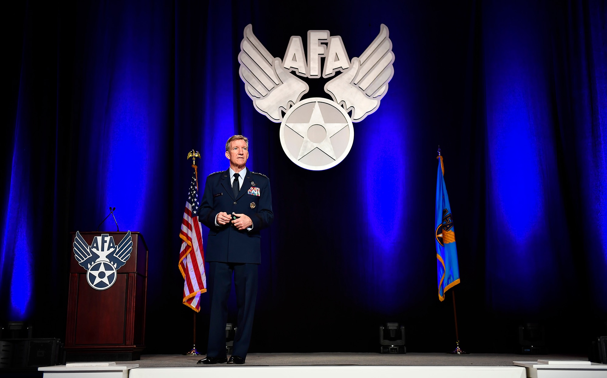 Gen. Hawk Carlisle, the Air Combat Command commander, speaks about the future of command and control and fusion warfare at the Air Force Association Air Warfare Symposium March 2, 2017, in Orlando, Fla. (U.S. Air Force photo/Scott M. Ash)