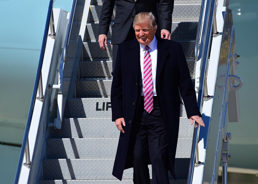President Donald J. Trump arrives on Air Force One to Joint Base Langley-Eustis, Va., March 2, 2017. Joint Base Langley-Eustis provides mission ready Airmen and Soldiers who deploy at a moment’s notice to support combatant commanders engaged in expeditionary, joint and coalition operations world-wide.  (U.S. Air Force photo by Tech. Sgt. Daylena S. Ricks)