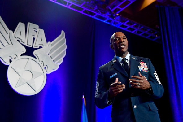 Chief Master Sgt. of the Air Force Kaleth O. Wright speaks about leading Airmen at the Air Force Association Air Warfare Symposium March 2, 2017, in Orlando, Fla. (U.S. Air Force photo/Scott M. Ash)