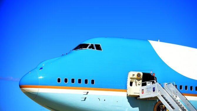 President Donald J. Trump arrives on Air Force One to Joint Base Langley-Eustis, Va., March 2, 2017. Joint Base Langley-Eustis  provides mission ready Airmen and Soldiers who deploy at a moment’s notice to support combatant commanders engaged in expeditionary, joint and coalition operations world-wide.  (U.S. Air Force photo by Senior Airman Areca T. Bell)