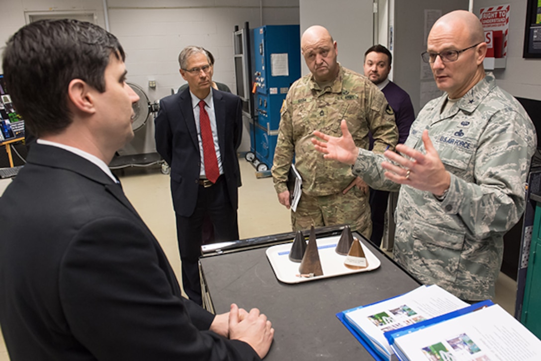 Dr. Kris Darling (left), a nanomaterials scientist with the U.S. Army Research Laboratory, briefs Brig. Gen. Allan E. Day (right), commander of Defense Logistics Agency Aviation, during a facilities tour at Aberdeen Proving Ground, Maryland, Feb. 23, 2017